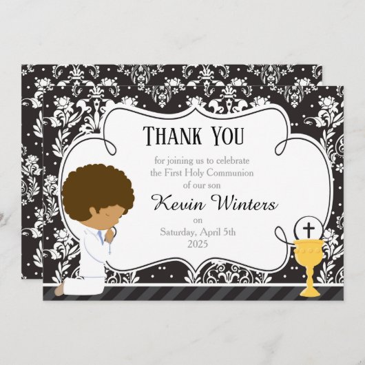 Afrikaanse Amerikaanse Eerste CommunieDamask Bedankkaart (Voorkant / Achterkant)