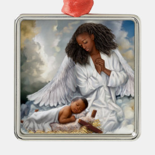 Afrikaanse Amerikaanse engel en Baby Jesus Metalen Ornament