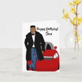 Afrikaanse Amerikaanse Son Black Coat Birthday Kaart (Gele Bloem)