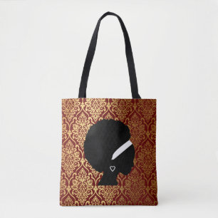 Afrikaanse Amerikaanse vrouw op Red en Gold Damask Tote Bag