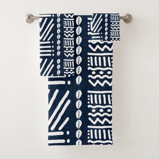 Afrikaanse Blauwe Denim Bogolan Design Badhanddoek Bad Handdoek (Insitu)