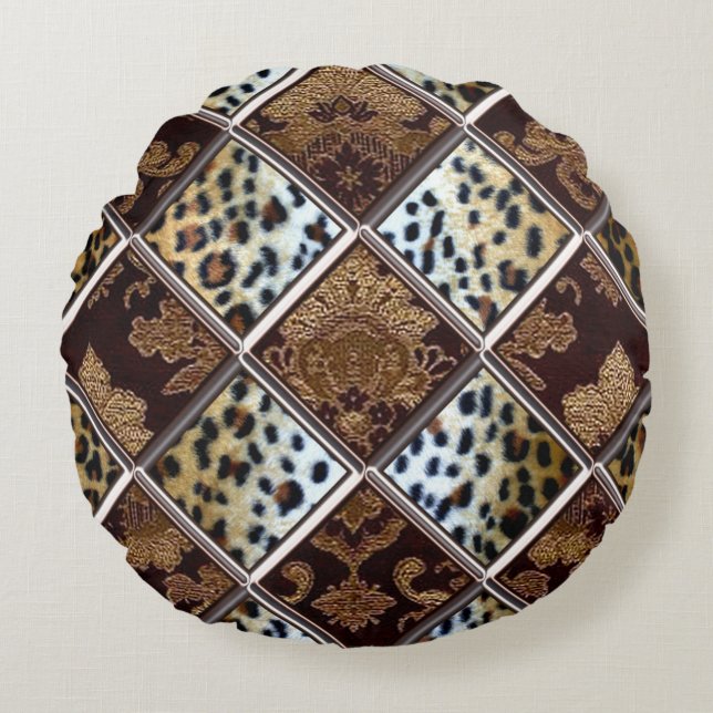 Afrikaanse Cheetah Patch Quilt Pattern Rond Kussen (Voorkant)