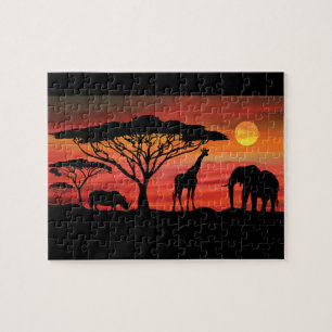Afrikaanse dieren op de Serengeti-zonsondergang Legpuzzel