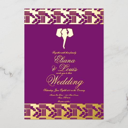 Afrikaanse goudolifantenmarkering geperst folie uitnodiging (Voorkant)