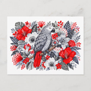 Afrikaanse Grijze Papegaai Rode Hibiscus Botanisch Briefkaart