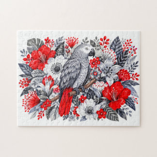 Afrikaanse Grijze Papegaai Rode Hibiscus Botanisch Legpuzzel