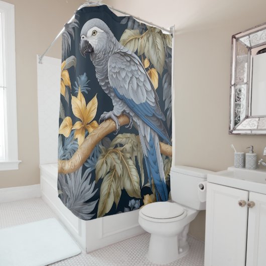 Afrikaanse grijze papegaai tropische bladeren douchegordijn (In situ)