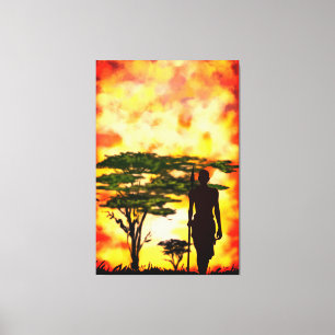 Afrikaanse jager met Spear - Sunset Canvas Afdruk