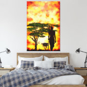 Afrikaanse jager met speer in zonsondergang Canvas Afdruk (Insitu (Slaapkamer))