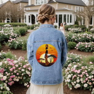 Afrikaanse mooie vrouw silhouet op Afrikaanse zonn Denim Jacket