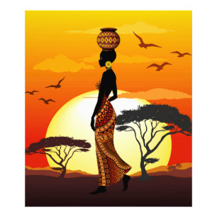 Afrikaanse mooie vrouw silhouet op Afrikaanse zonn Foto Afdruk