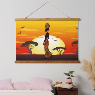 Afrikaanse mooie vrouw silhouet op Afrikaanse zonn Hangend Wandkleed