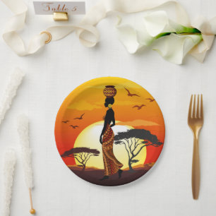 Afrikaanse mooie vrouw silhouet op Afrikaanse zonn Papieren Bordje