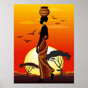Afrikaanse mooie vrouw silhouet op Afrikaanse zonn Poster
