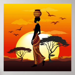 Afrikaanse mooie vrouw silhouet op Afrikaanse zonn Poster