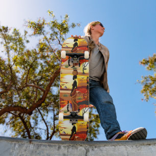 Afrikaanse mooie vrouw silhouet op Afrikaanse zonn Skateboard