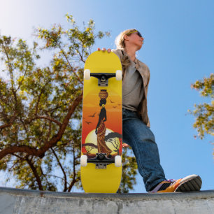 Afrikaanse mooie vrouw silhouet op Afrikaanse zonn Skateboard