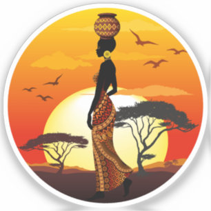 Afrikaanse mooie vrouw silhouet op Afrikaanse zonn Sticker