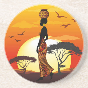 Afrikaanse mooie vrouw silhouet op Afrikaanse zonn Zandsteen Onderzetter