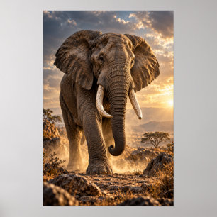 Afrikaanse Olifant bij Gouden Zonsondergang Savann Poster