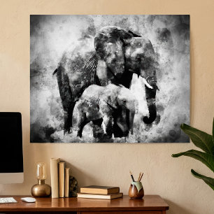 Afrikaanse olifant met kalf zwart en wit poster