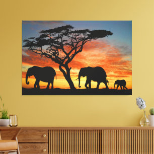 Afrikaanse Safari Sunset Elephant Silhouette Art Canvas Afdruk