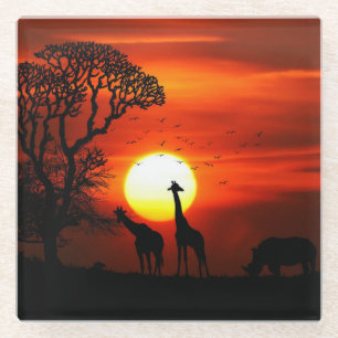 Afrikaanse safari zonsondergang dier silhouetten glazen onderzetter