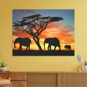Afrikaanse Safari Zonsondergang Olifant Silhouet K Canvas Afdruk