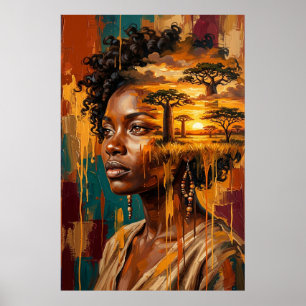 Afrikaanse Savanne Zonsondergang Dubbele Belichtin Poster