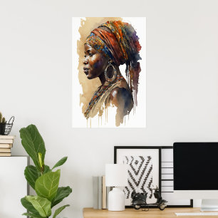 Afrikaanse stamvrouw aquarel portret wandkunst poster