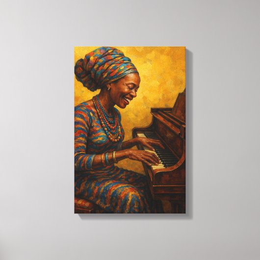 Afrikaanse vrouw die piano speelt met vreugdevolle canvas afdruk (Voorkant)