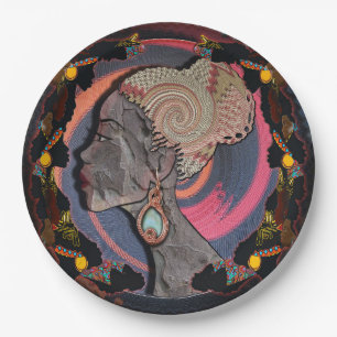 Afrikaanse vrouw profiel op een geweven mandje papieren bordje