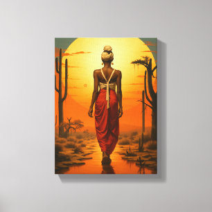 Afrikaanse vrouw wandelen in woestijn zonsondergan canvas afdruk