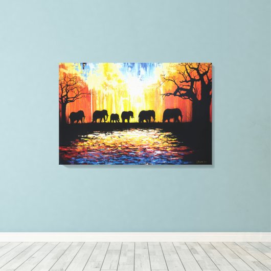 Afrikaanse zonsondergang & olifanten - olieverfsch canvas afdruk (Insitu (Houten vloer))