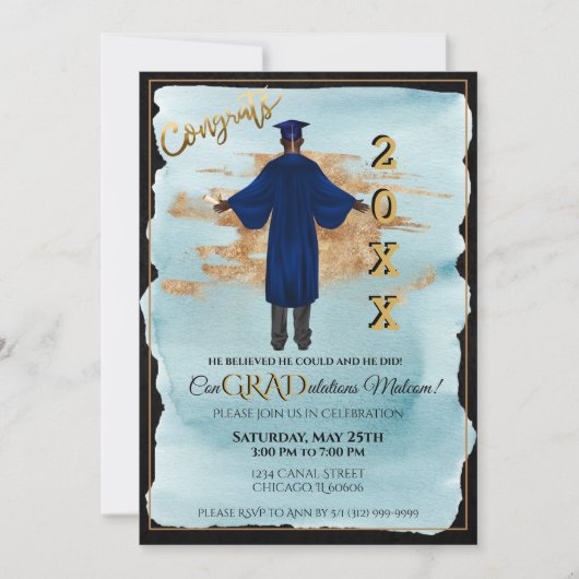 Afro-Américain Male Grad Invitation (Peau Noire) (Devant)