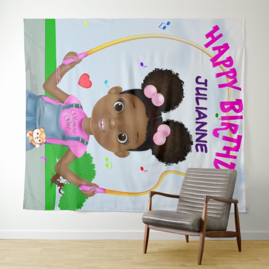 Afro-Amerikaans meisje dat touwtje springt Gelukki Wandkleed (In Situ (horizontaal))