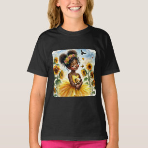 Afro-Amerikaans meisje met zonnebloemen en teddy T-shirt