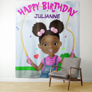 Afro-Amerikaans meisje springt touw Happy Verjaard Wandkleed