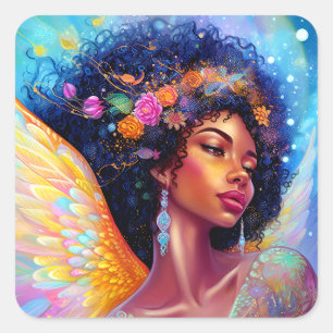 Afro-Amerikaanse Angel Lady Fantasy Kunst Vierkante Sticker