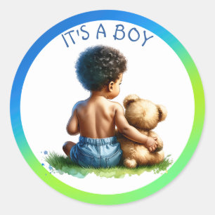 Afro-Amerikaanse Baby Boy met Teddy Baby shower Ronde Sticker