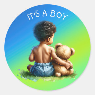 Afro-Amerikaanse Baby Boy met Teddy Baby shower Ronde Sticker