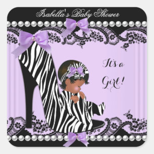 Afro-Amerikaanse Baby Shower Meisje Zebra Paars Vierkante Sticker