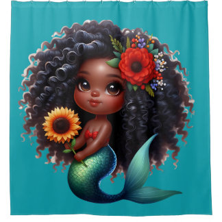 Afro-Amerikaanse Baby zeemeermin met zonnebloem Douchegordijn