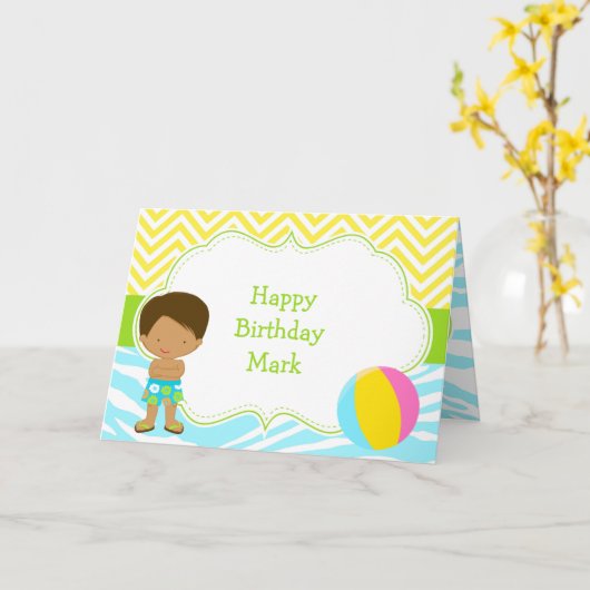 Afro-Amerikaanse Boy Pool Party Bash Verjaardag Kaart (Gele Bloem)