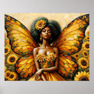 Afro-Amerikaanse fee met Afro- en zonnebloemkunst Poster