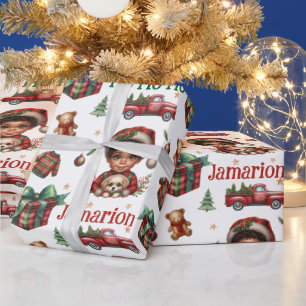 Afro-Amerikaanse jongen met puppy Plaid Kerstmis Cadeaupapier