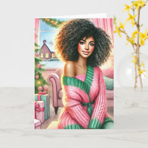 Afro-Amerikaanse Kerstkaart Roze en Groen Kaart