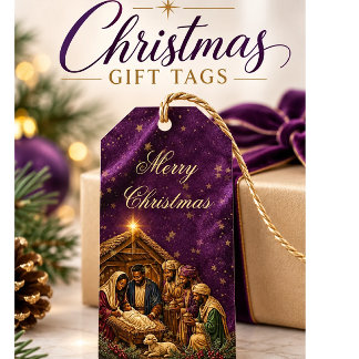 Afro-Amerikaanse Kerststal Paarse Fluwelen Kerst- Cadeaulabel