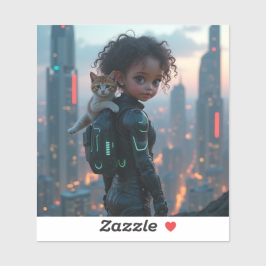 Afro-Amerikaanse kleine meid met kitten Sticker (Vel)