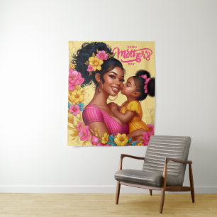 Afro-Amerikaanse moeder & dochter Happy Moederdag Wandkleed